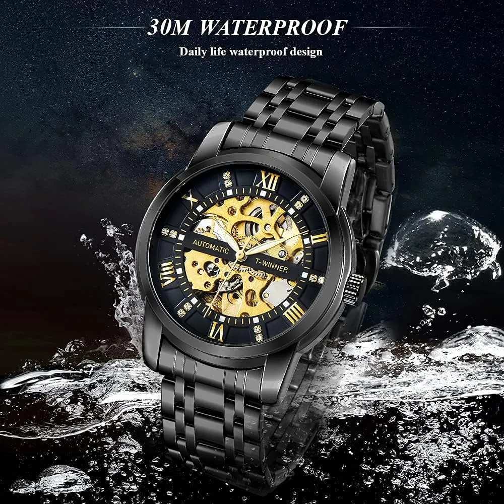 Hand Watch, Skeleton Roman Numerals Waterproof Mechanical surrender Watch Tiong Men's Mechanical Watch Stainless Steel Men's Luminous 