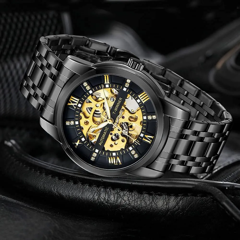 Hand Watch, Skeleton Roman Numerals Waterproof Mechanical surrender Watch Tiong Men's Mechanical Watch Stainless Steel Men's Luminous 