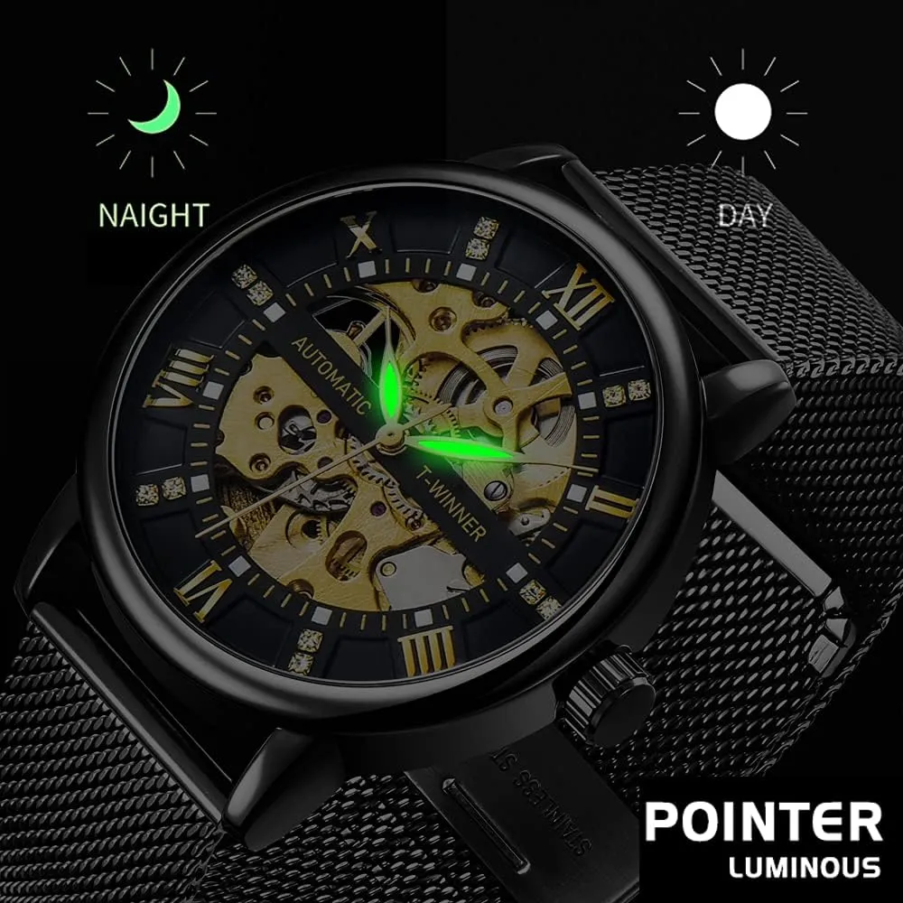 Hand-Wind Mens adventurer gel Watches (Blue) Dentily Men's Skeleton Watch Classic Roman Numeral Steampunk Mechanical Watch 