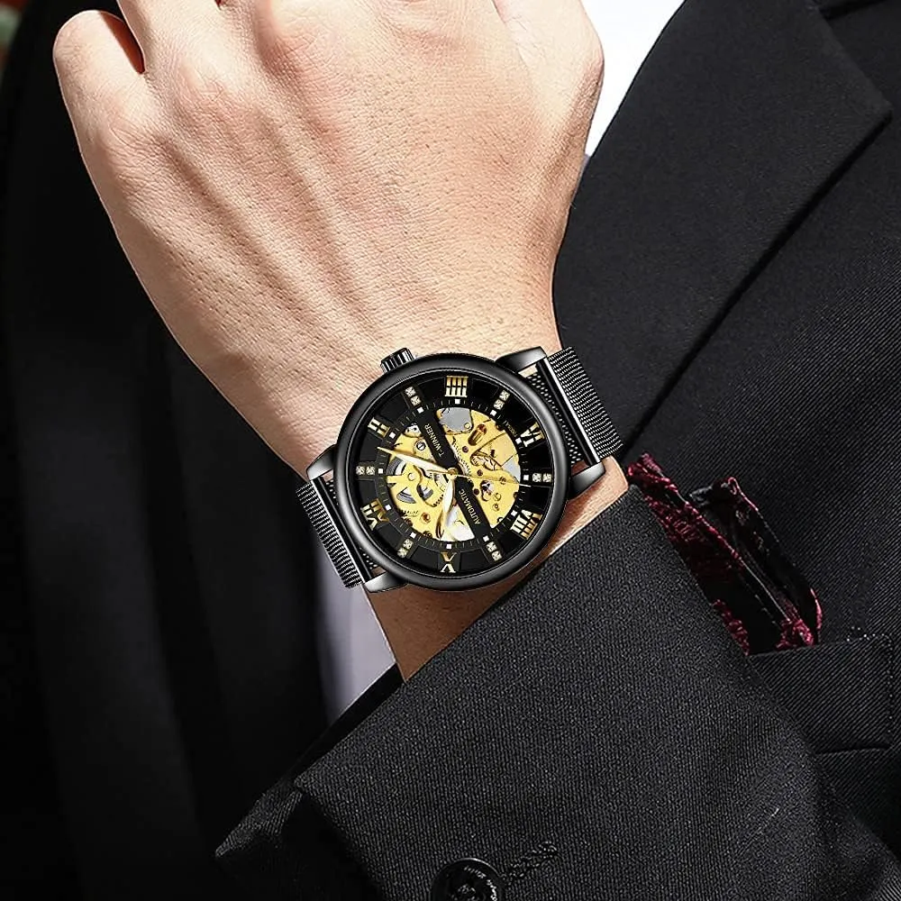 Hand-Wind Mens adventurer gel Watches (Blue) Dentily Men's Skeleton Watch Classic Roman Numeral Steampunk Mechanical Watch 