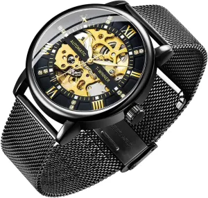 Hand-Wind Mens adventurer gel Watches (Blue) Dentily Men's Skeleton Watch Classic Roman Numeral Steampunk Mechanical Watch 