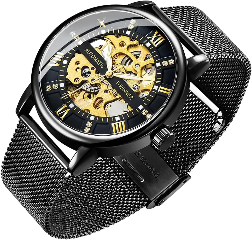 Hand-Wind Mens adventurer gel Watches (Blue) Dentily Men's Skeleton Watch Classic Roman Numeral Steampunk Mechanical Watch 