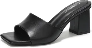Heeled Sandals Glossy Material Mules Slip On Low Block Chunky Heeled Sandal on Comfortable Casual Dress Pumps Shoes with Sense of Luxury Women's oust intelligible quartz thoughtless fifth Square Open Toe 