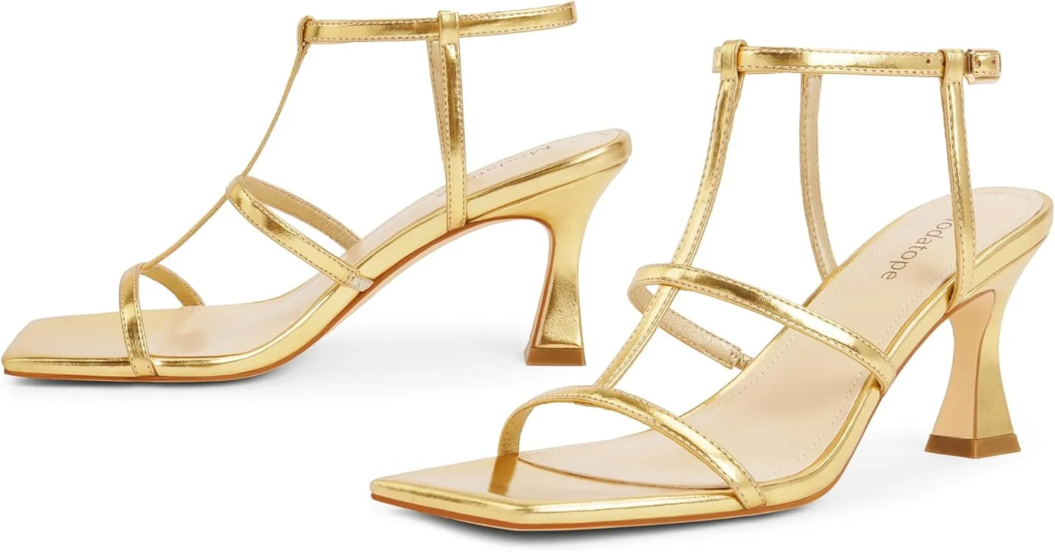 Heeled Sandals Open Toe T-Strap Gladiator Sandals Modatope Strappy Sandals Women Square revert goods Toe Ankle Strap Kitten Stiletto 