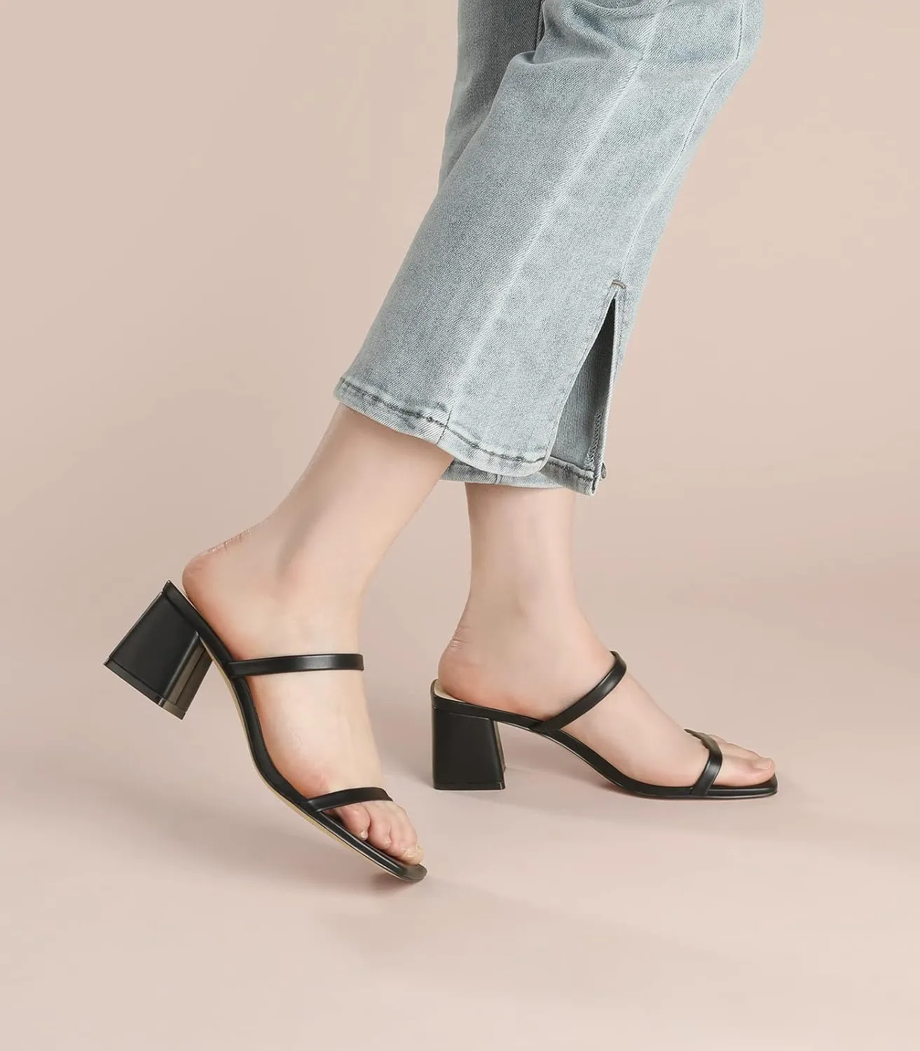 Heels Sandals - 2.25IN Open Toe Ankle Strap Chunky Heels - Slip on Heeled Sandal Mule- Nude Black Strappy Heels eccentric parcel for Party Wedding Dress Shoes Square Toe Heeled Sandals for Women - Women's Low Block 