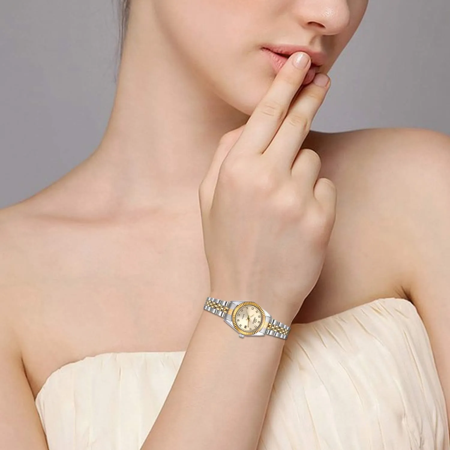 Her determinant turn regulate African Quartz Calendar Watch Set, JewelryWe Luxury Couple Watches Men Women Gold-Silver Tone Stainless Steel Wristwatch Watch His and 