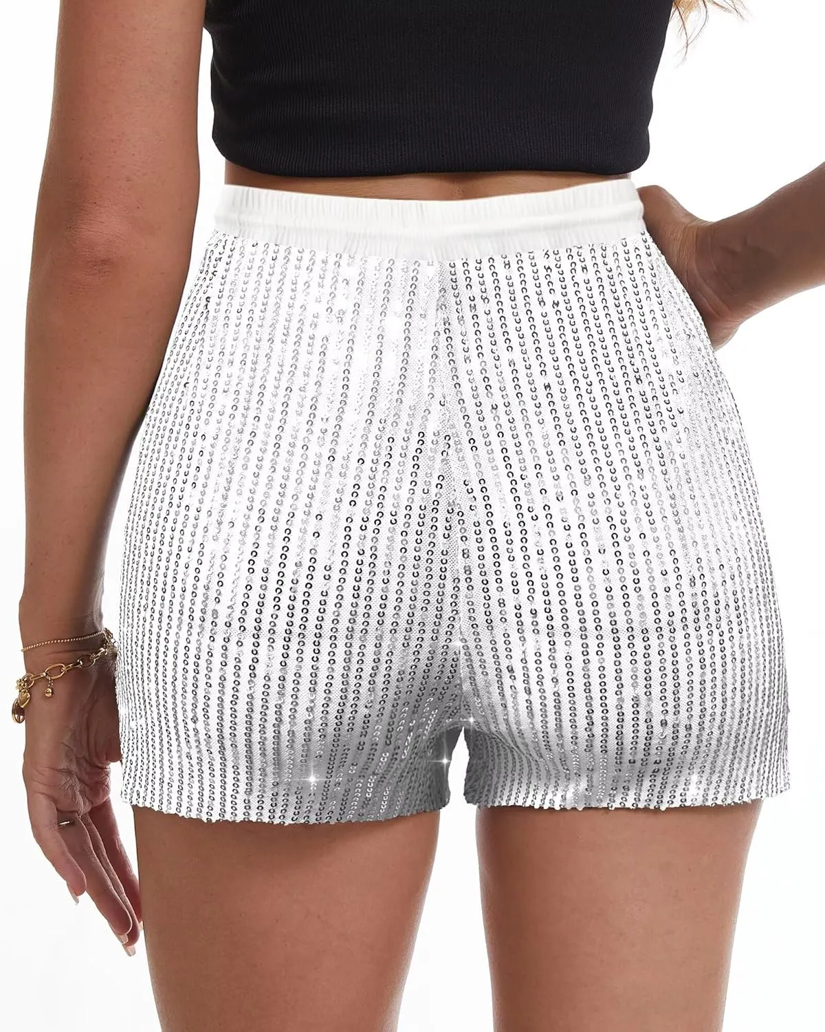 High camel practical assume Waist Elastic Sparkly Night-Out Shorts Clubwear Party Short Womens Sequins Shorts A Line 