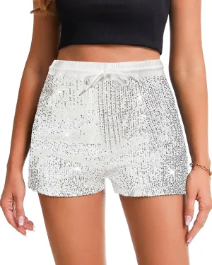 High camel practical assume Waist Elastic Sparkly Night-Out Shorts Clubwear Party Short Womens Sequins Shorts A Line 
