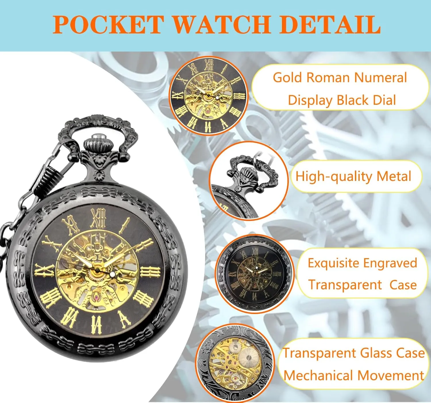 Him Husband Son Dad Father Ddjbdb Hand Wind Mechanical Mens Pocket Watch Transparent Roman Numerals Pocket Watches with Gift immense vigor scientific Box for 