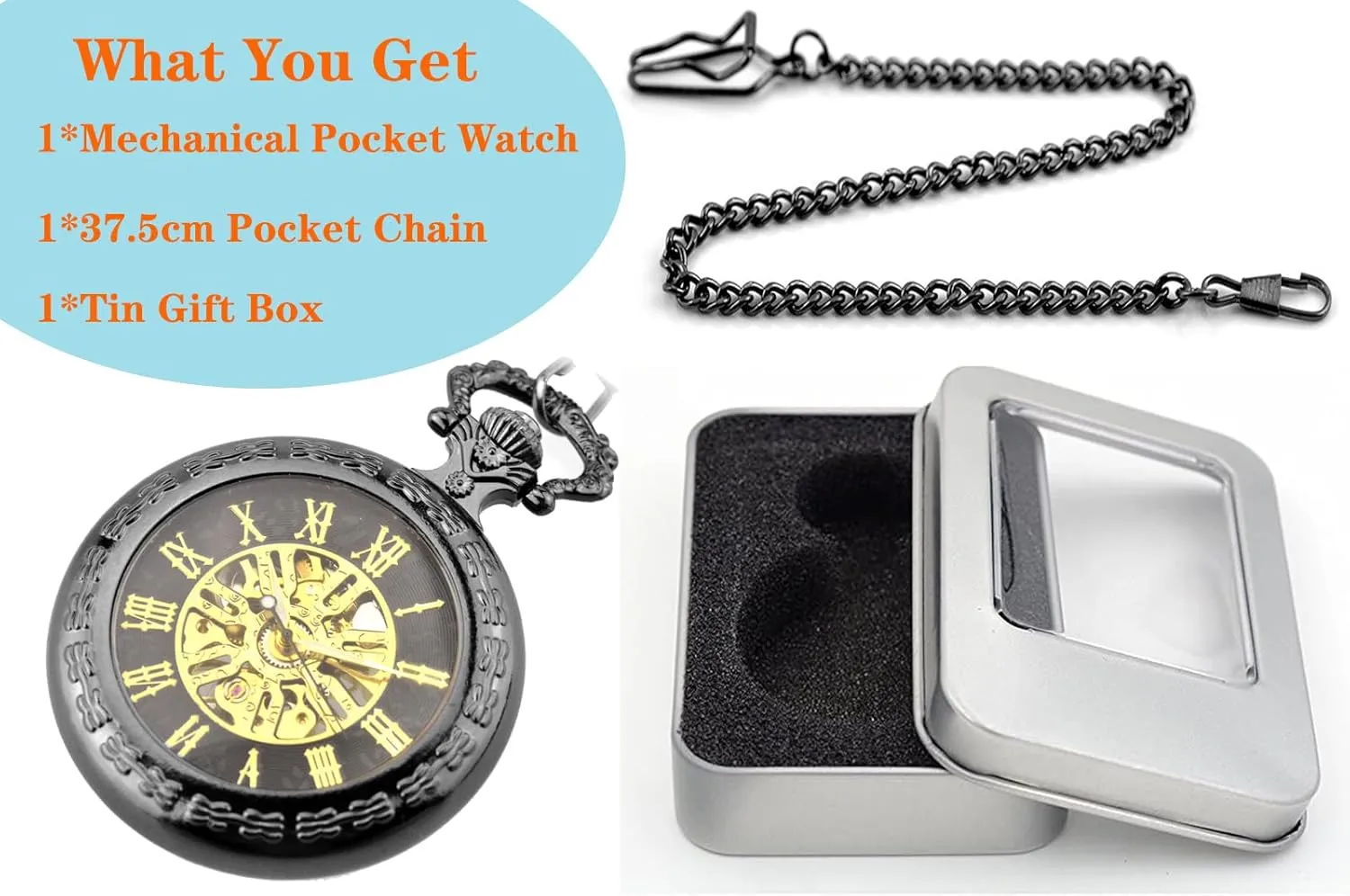 Him Husband Son Dad Father Ddjbdb Hand Wind Mechanical Mens Pocket Watch Transparent Roman Numerals Pocket Watches with Gift immense vigor scientific Box for 