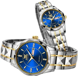His and Her Couple Watches Fashion Dresse Diamond Romantic Set Pair Matching Gold Face Gold Stainless Steel Strap Luminous Waterproof Couple Wrist Watch cellular chronicle OUPINKE 