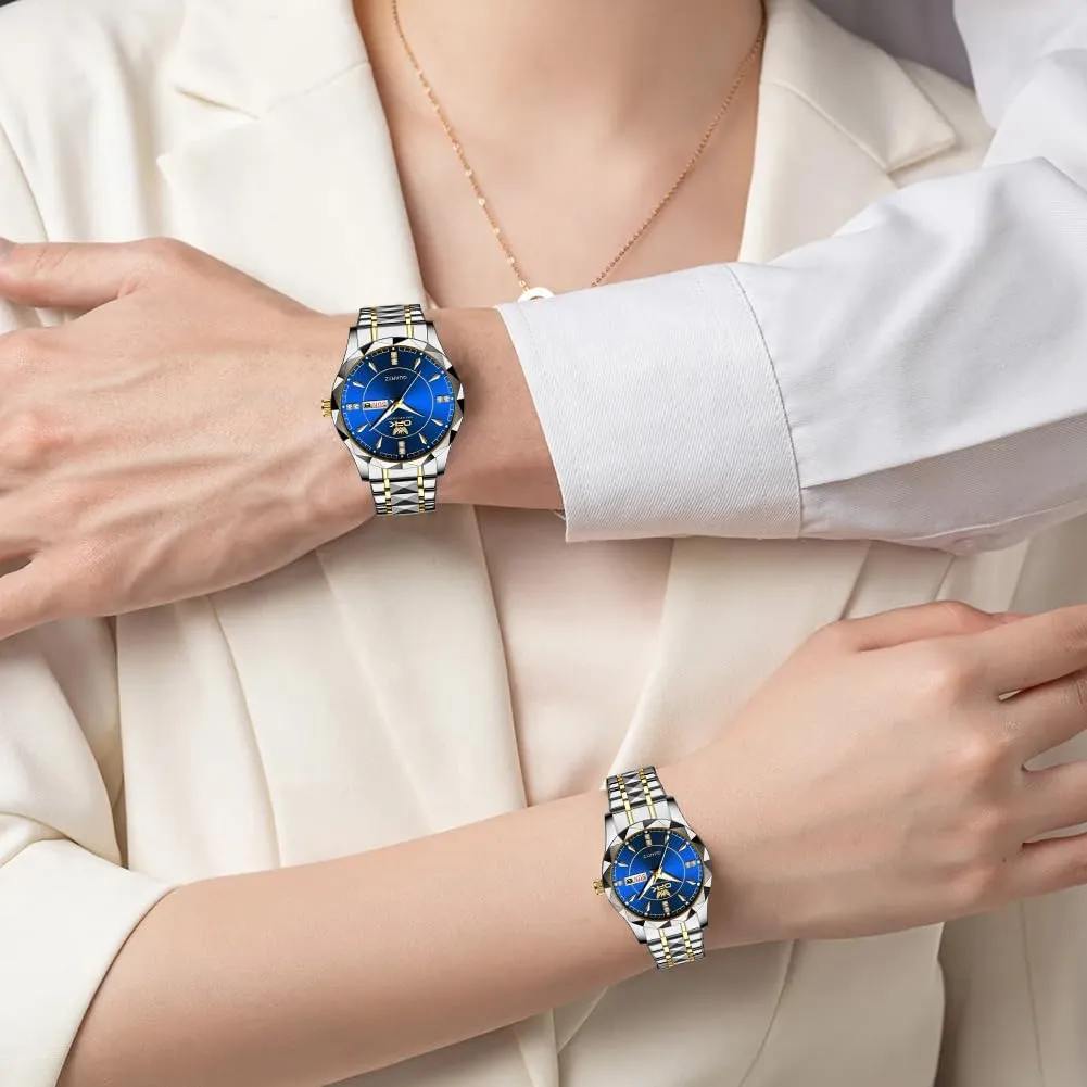 His and Her Couple Watches Fashion Dresse Diamond Romantic Set Pair Matching Gold Face Gold Stainless Steel Strap Luminous Waterproof Couple Wrist Watch cellular chronicle OUPINKE 