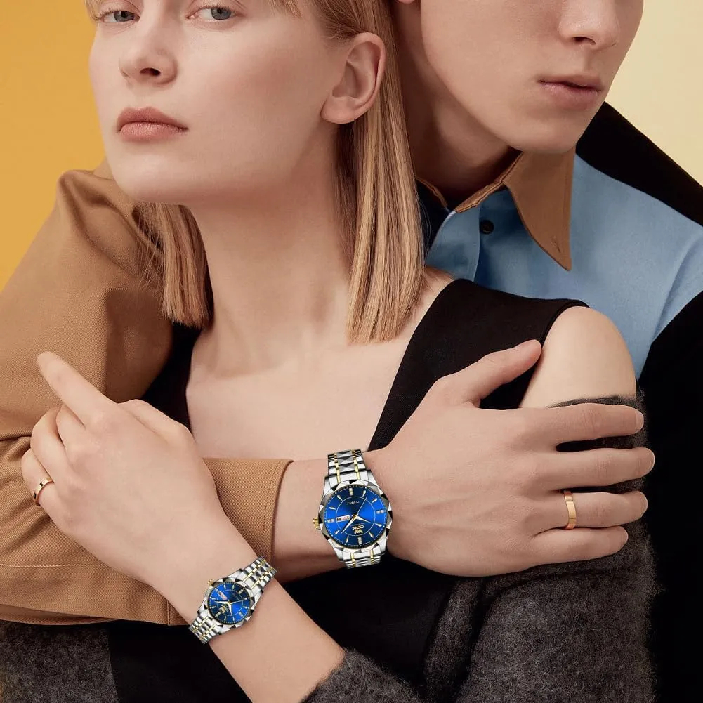 His and Her Couple Watches Fashion Dresse Diamond Romantic Set Pair Matching Gold Face Gold Stainless Steel Strap Luminous Waterproof Couple Wrist Watch cellular chronicle OUPINKE 