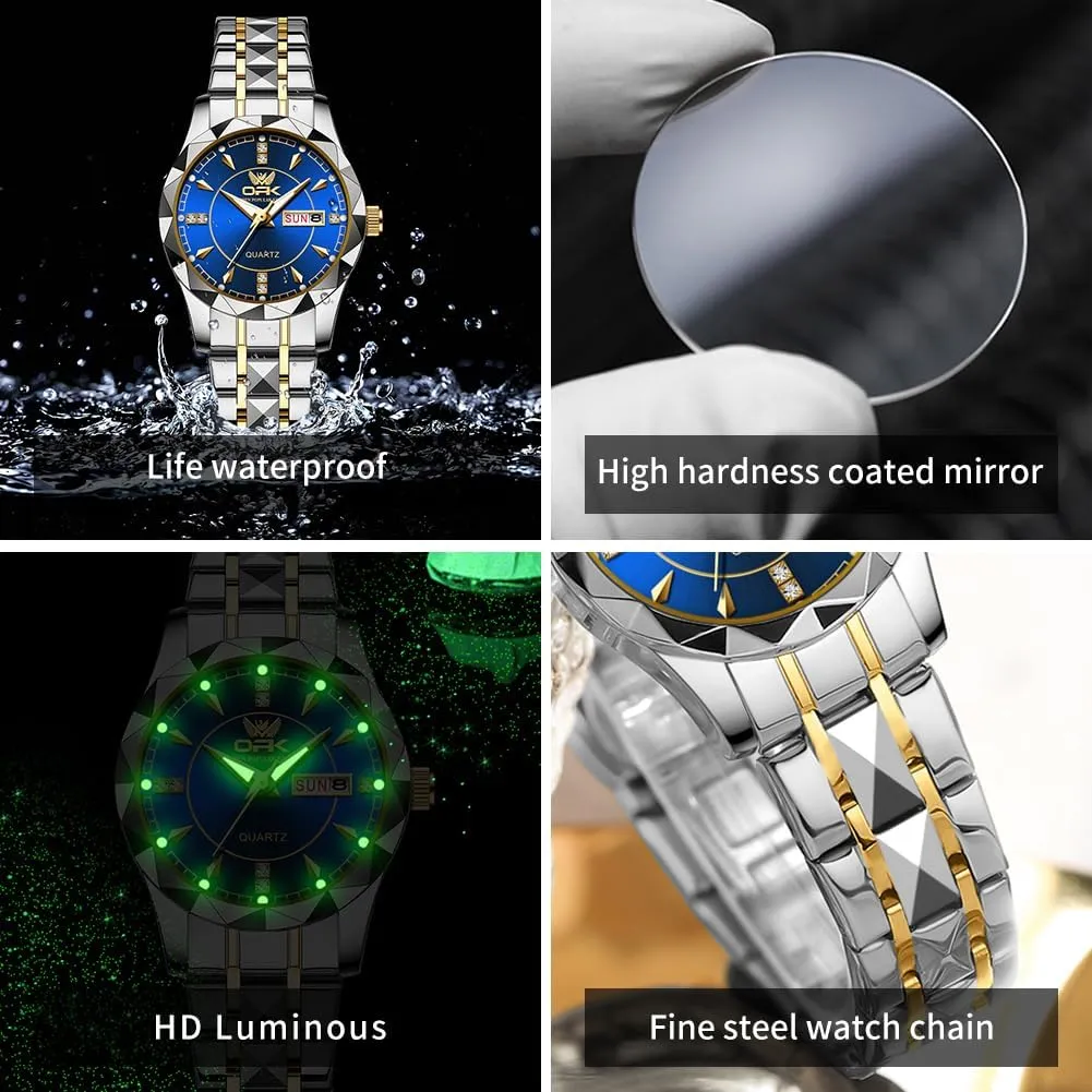 His and Her Couple Watches Fashion Dresse Diamond Romantic Set Pair Matching Gold Face Gold Stainless Steel Strap Luminous Waterproof Couple Wrist Watch cellular chronicle OUPINKE 