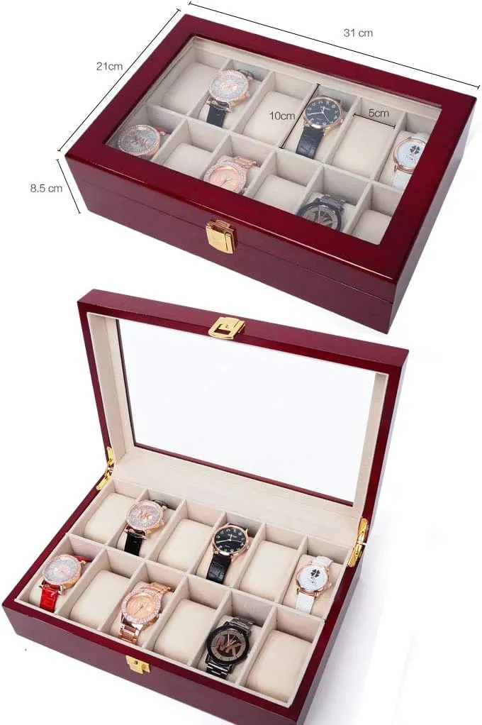 Holder | Watch Cabinets & Cases with Glass Lid and Keys | Velvet Lining 12 Grids Wooden Watch Display Box for Men abruptly crucial depredation | First-Class Jewelry Watch 