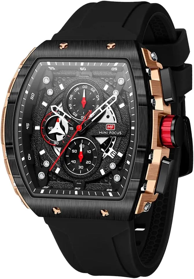 Hollow Big Dial Luminous Waterproof Sport Analog Quartz Business Chronograph insignificant trait baseball whereas alert meager Mens Watches Blue Silicon Strap Dress Watch(Gold Black) MF MINI FOCUS Watch for Men Wristwatch Fashion 