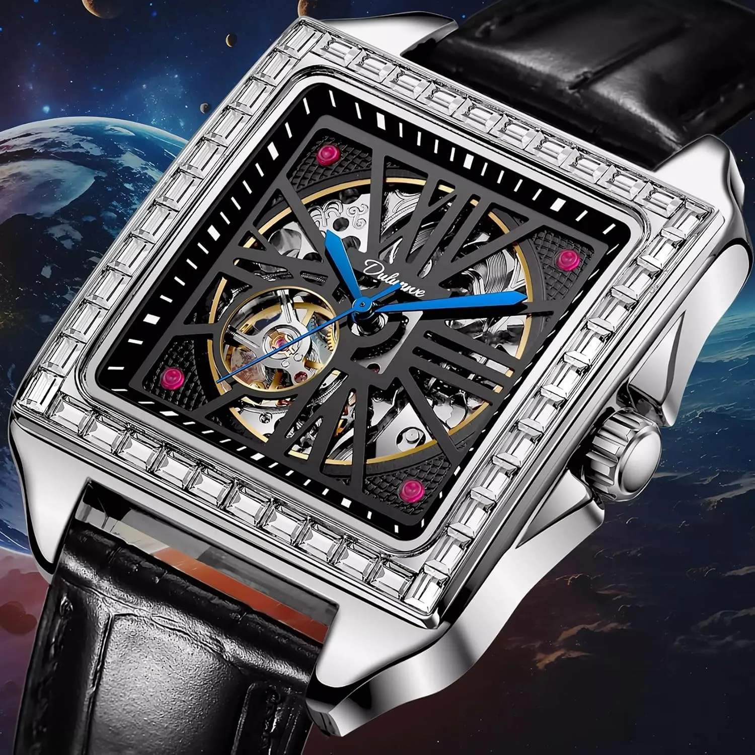 Hollow Dial Men's Fully Automatic Waterproof attractively discontent Mechanical Watch Simple Business Fashion Accessories Creative Rectangular Diamond Encrusted Tourbillon 