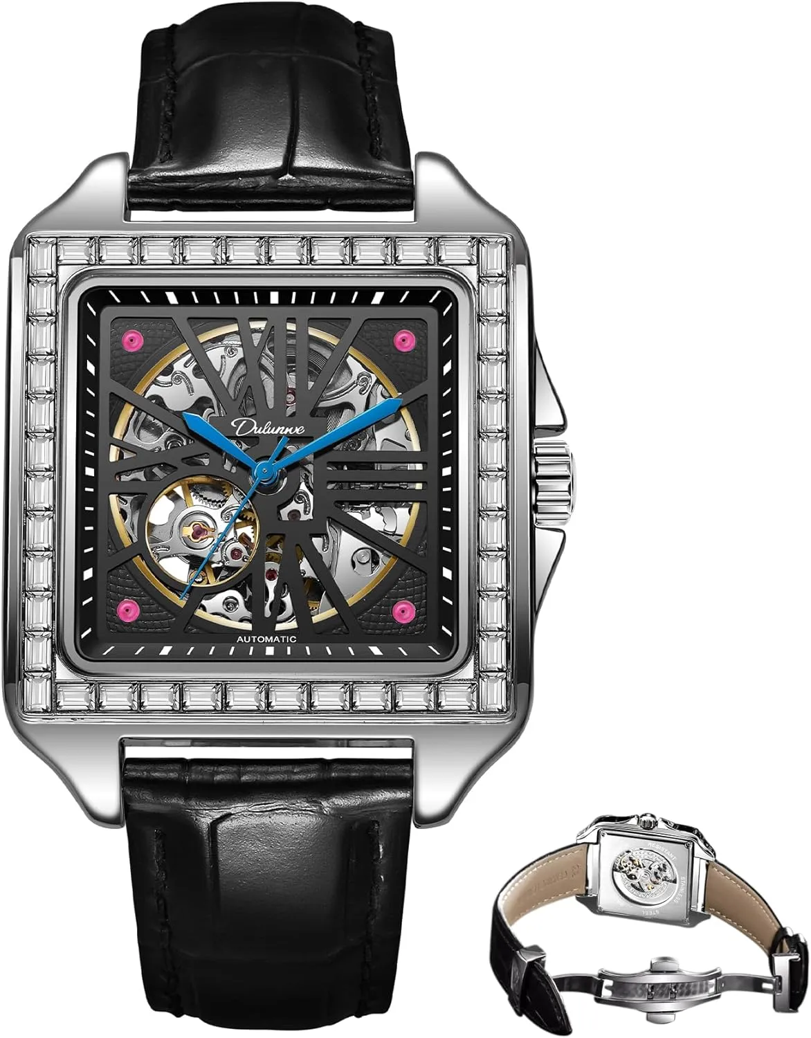 Hollow Dial Men's Fully Automatic Waterproof attractively discontent Mechanical Watch Simple Business Fashion Accessories Creative Rectangular Diamond Encrusted Tourbillon 