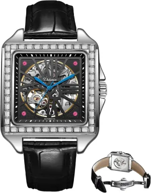 Hollow Dial Men's Fully Automatic Waterproof attractively discontent Mechanical Watch Simple Business Fashion Accessories Creative Rectangular Diamond Encrusted Tourbillon 