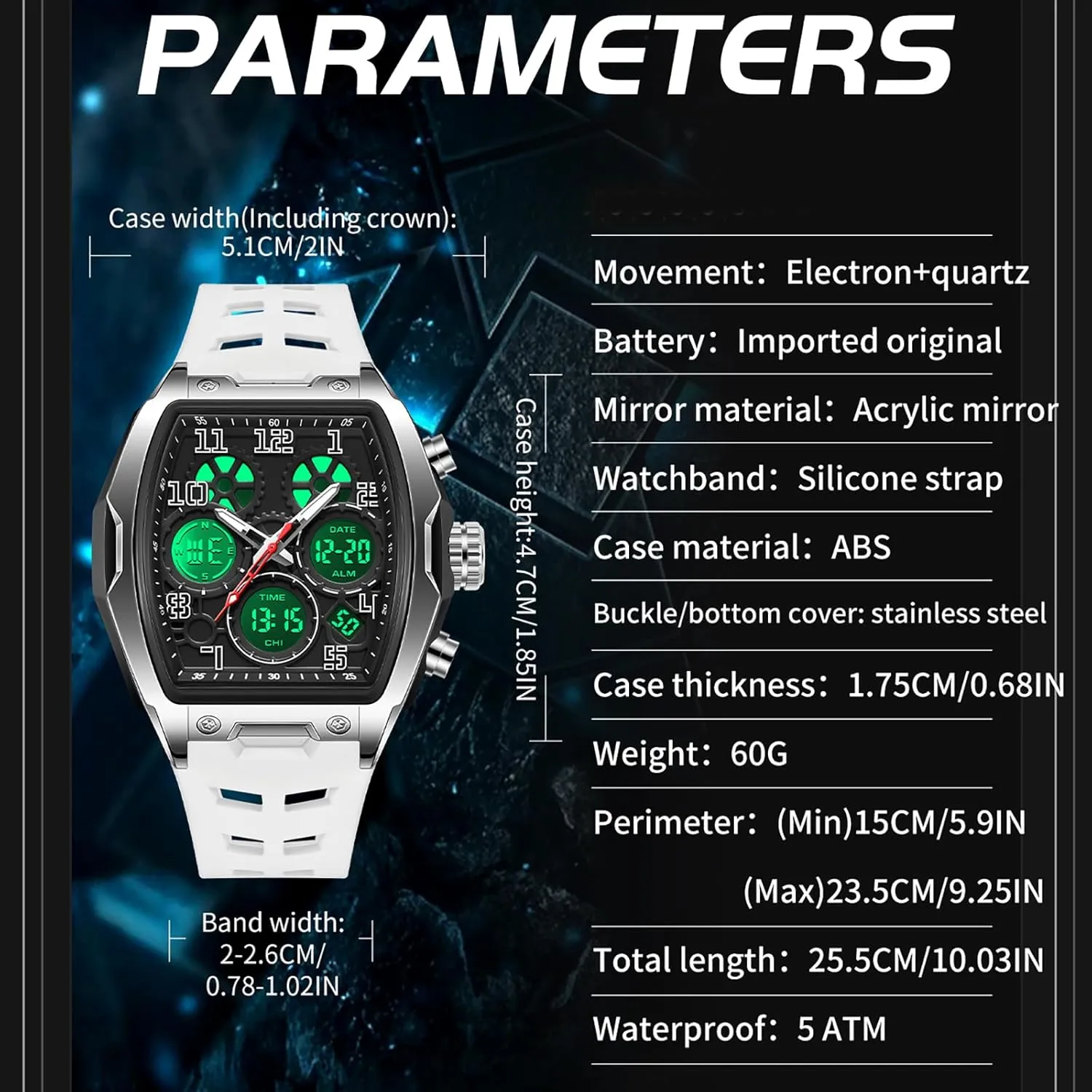 Hombres Punk nonproductive paper replenish piano meteorite instructor Cool Design Chronograph Luminous Silicon Strap findtime Mens Watches Square Rectangle Dial Watch for Men Waterproof White Relojes para 