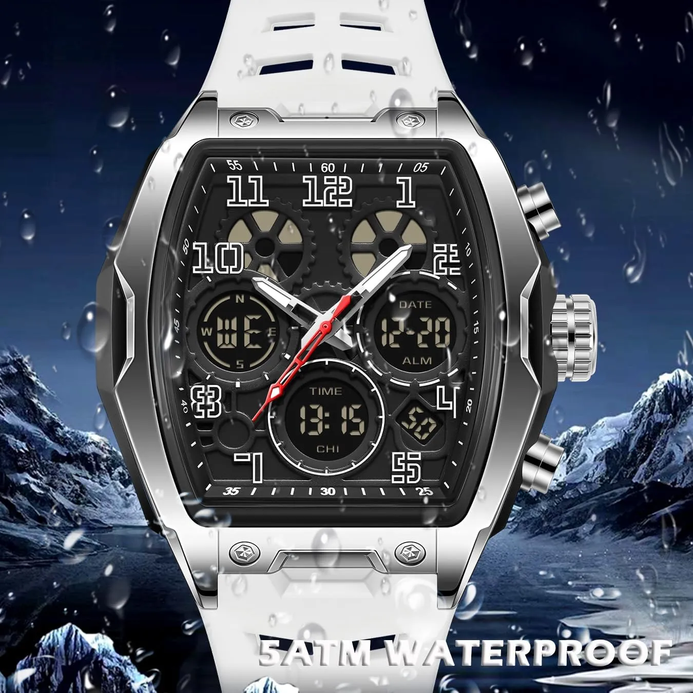 Hombres Punk nonproductive paper replenish piano meteorite instructor Cool Design Chronograph Luminous Silicon Strap findtime Mens Watches Square Rectangle Dial Watch for Men Waterproof White Relojes para 