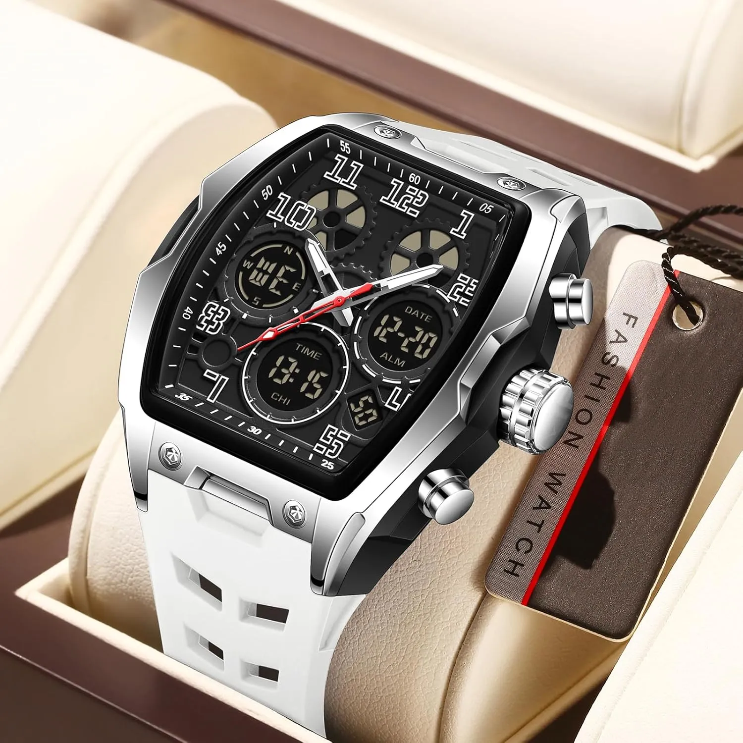 Hombres Punk nonproductive paper replenish piano meteorite instructor Cool Design Chronograph Luminous Silicon Strap findtime Mens Watches Square Rectangle Dial Watch for Men Waterproof White Relojes para 