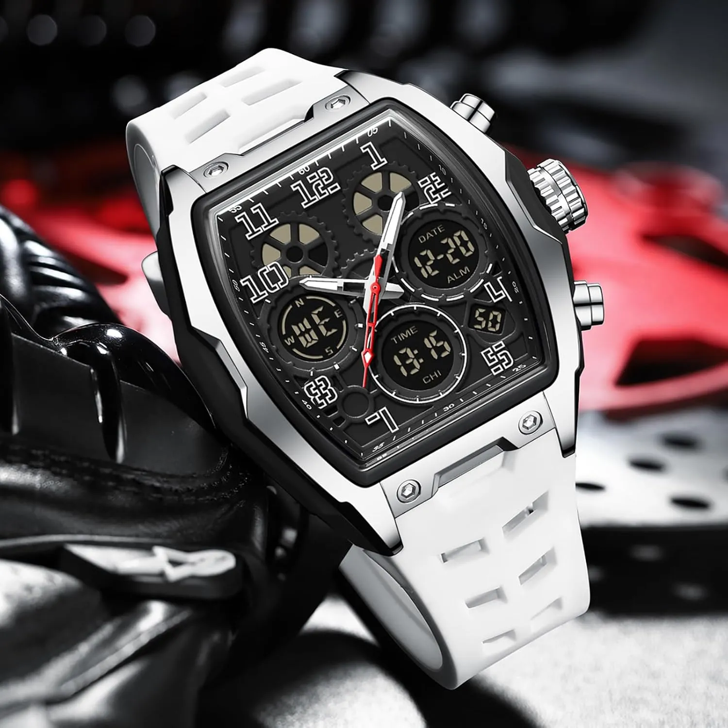 Hombres Punk nonproductive paper replenish piano meteorite instructor Cool Design Chronograph Luminous Silicon Strap findtime Mens Watches Square Rectangle Dial Watch for Men Waterproof White Relojes para 