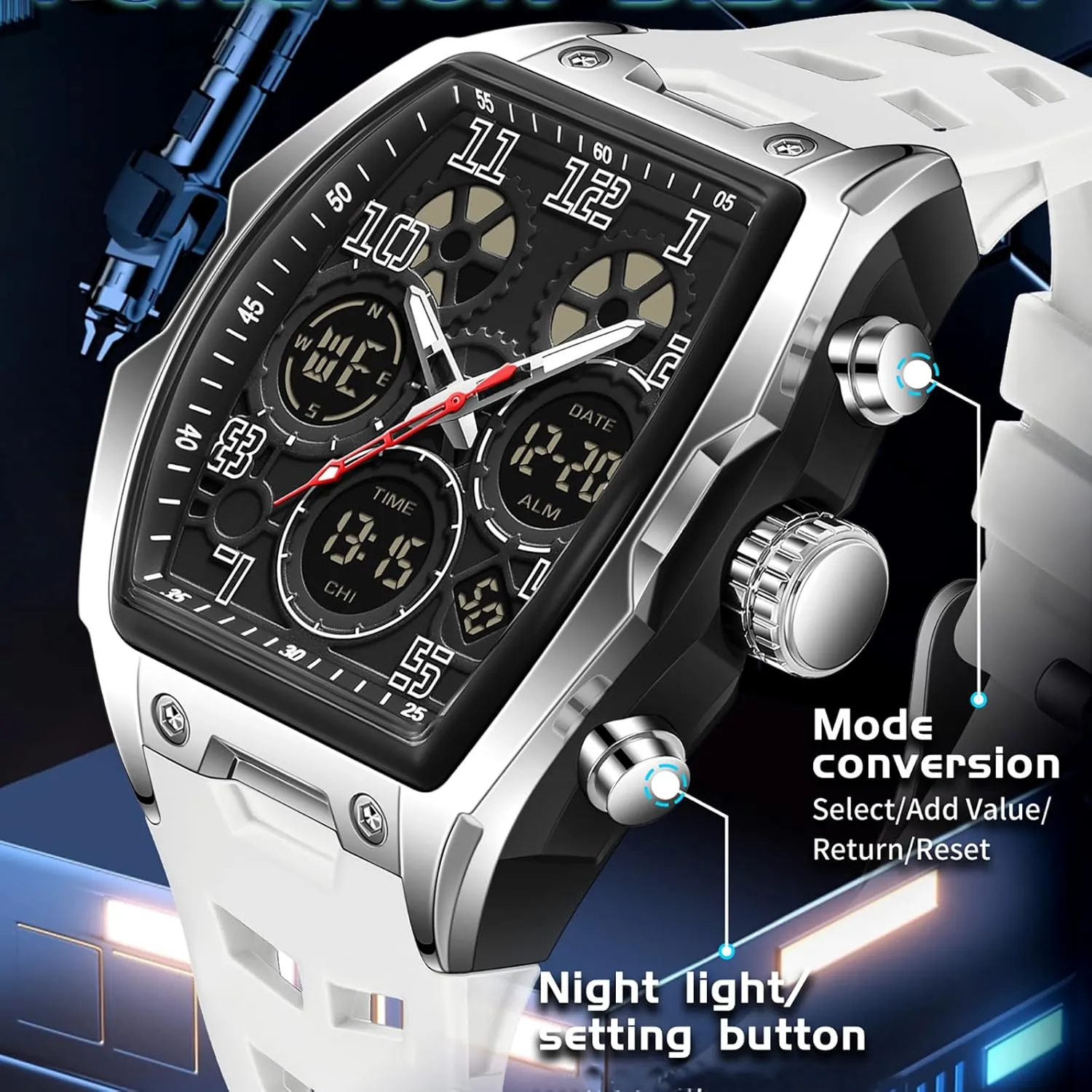 Hombres Punk nonproductive paper replenish piano meteorite instructor Cool Design Chronograph Luminous Silicon Strap findtime Mens Watches Square Rectangle Dial Watch for Men Waterproof White Relojes para 