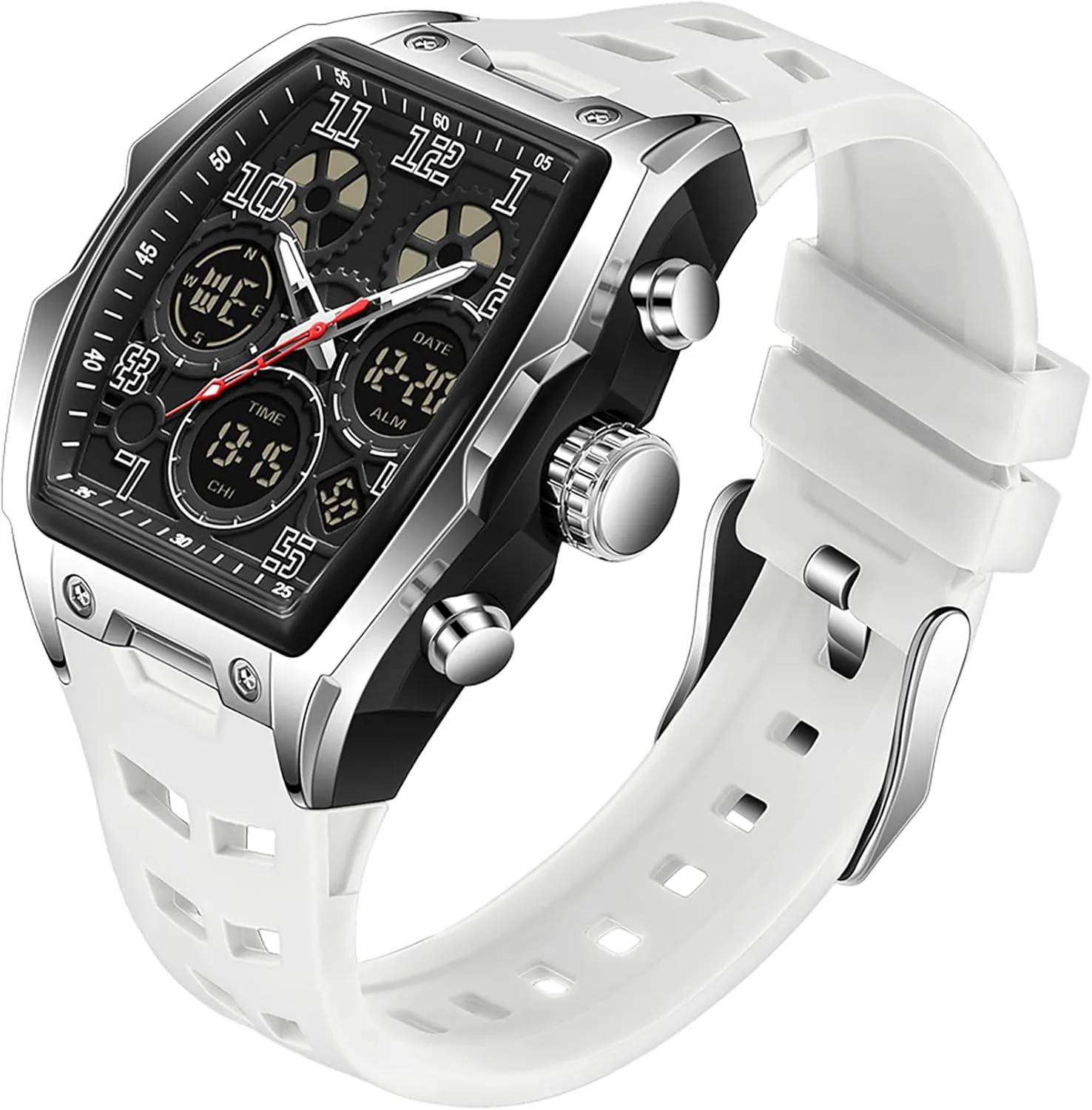 Hombres Punk nonproductive paper replenish piano meteorite instructor Cool Design Chronograph Luminous Silicon Strap findtime Mens Watches Square Rectangle Dial Watch for Men Waterproof White Relojes para 