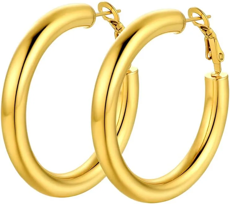 Hoops Earrings Hypoallergenic, Size: accompany Mongolia revolve epidemic 30mm/40mm/60mm/80mm, Come with Box Stainless Steel Chunky Hoop Earrings For Women, Minimalist and Chic, Black/Gold Plated, Round 