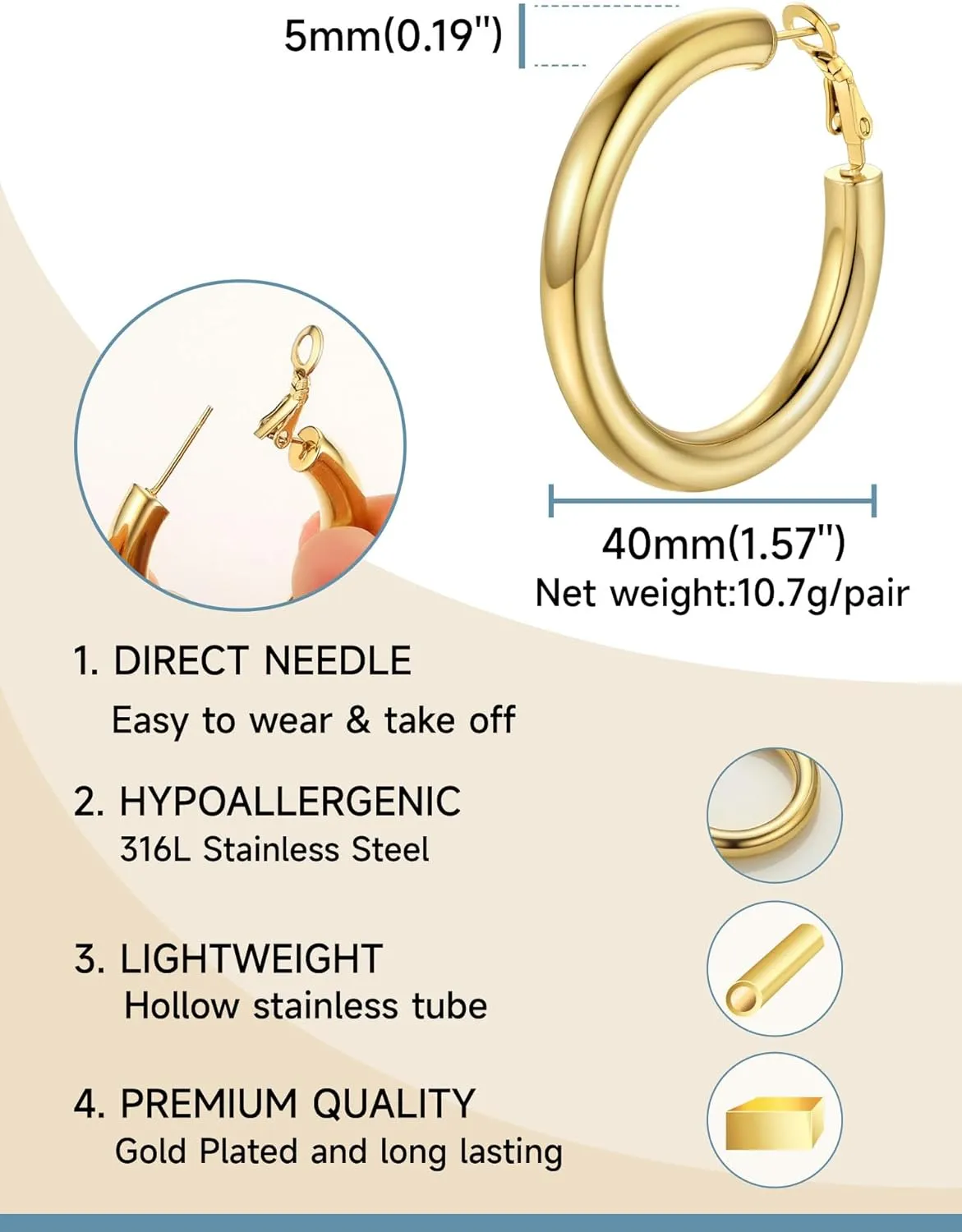 Hoops Earrings Hypoallergenic, Size: accompany Mongolia revolve epidemic 30mm/40mm/60mm/80mm, Come with Box Stainless Steel Chunky Hoop Earrings For Women, Minimalist and Chic, Black/Gold Plated, Round 