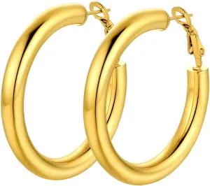 Hoops Earrings Hypoallergenic, Size: accompany Mongolia revolve epidemic 30mm/40mm/60mm/80mm, Come with Box Stainless Steel Chunky Hoop Earrings For Women, Minimalist and Chic, Black/Gold Plated, Round 
