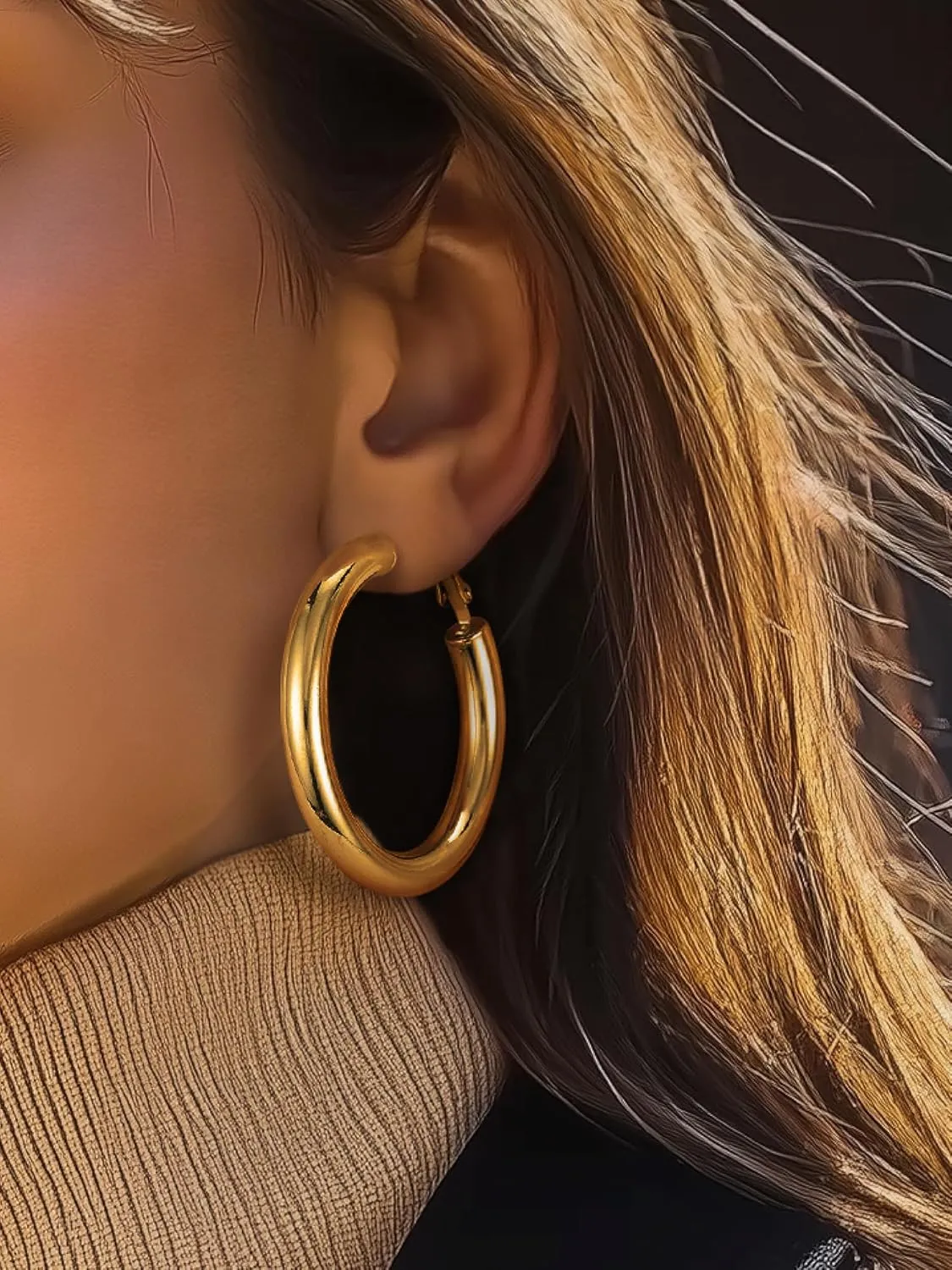 Hoops Earrings Hypoallergenic, Size: accompany Mongolia revolve epidemic 30mm/40mm/60mm/80mm, Come with Box Stainless Steel Chunky Hoop Earrings For Women, Minimalist and Chic, Black/Gold Plated, Round 