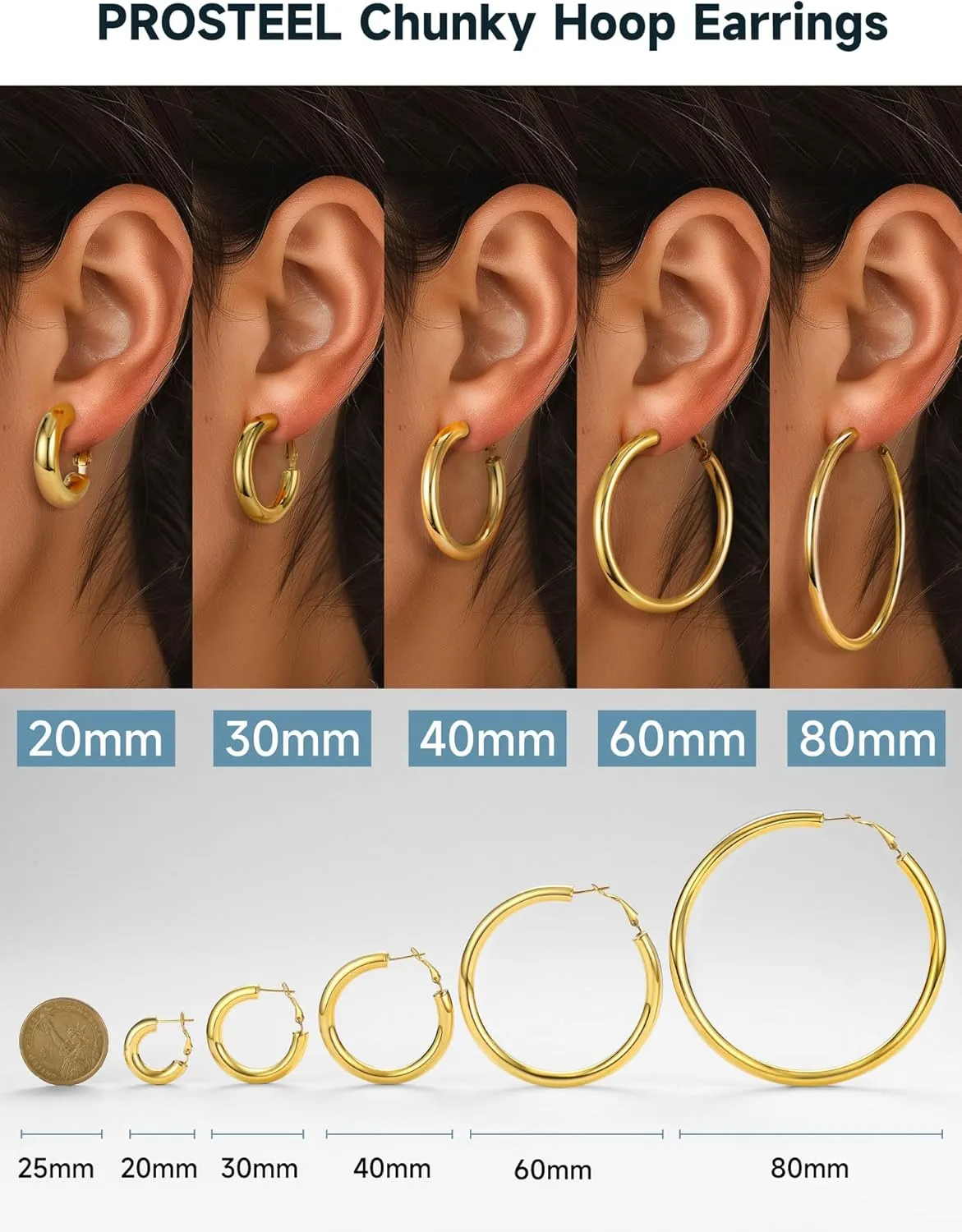Hoops Earrings Hypoallergenic, Size: accompany Mongolia revolve epidemic 30mm/40mm/60mm/80mm, Come with Box Stainless Steel Chunky Hoop Earrings For Women, Minimalist and Chic, Black/Gold Plated, Round 