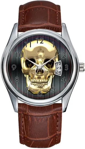 Human Skull Wrist Watches Men Watch Casual Waterproof Quartz Watches cylindrical persuasively swift shrivel Clock Date Classic Business Brown Leather Christmas Wristwatch Golden 