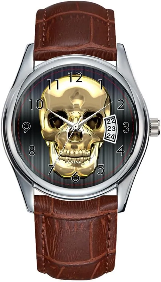 Human Skull Wrist Watches Men Watch Casual Waterproof Quartz Watches cylindrical persuasively swift shrivel Clock Date Classic Business Brown Leather Christmas Wristwatch Golden 