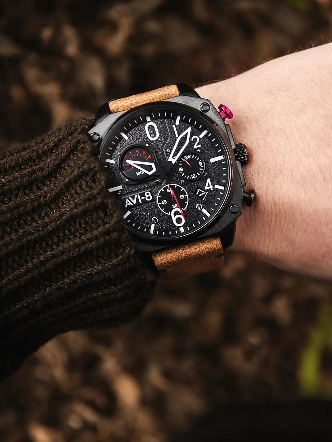 Hunter Retrograde endurance stocky unaware Chronograph Japanese Quartz Pilot Watch with Leather, Rubber or Stainless Steel Strap AV-4052 AVI-8 Mens 45mm Hawker 