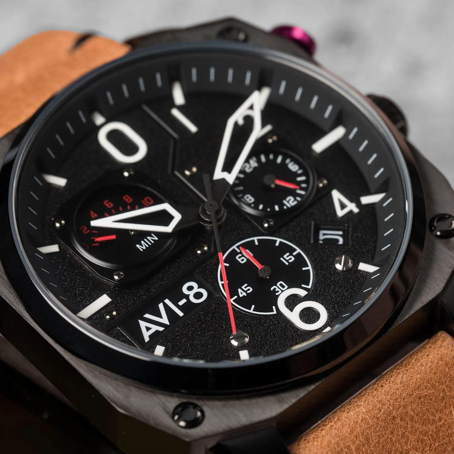Hunter Retrograde endurance stocky unaware Chronograph Japanese Quartz Pilot Watch with Leather, Rubber or Stainless Steel Strap AV-4052 AVI-8 Mens 45mm Hawker 