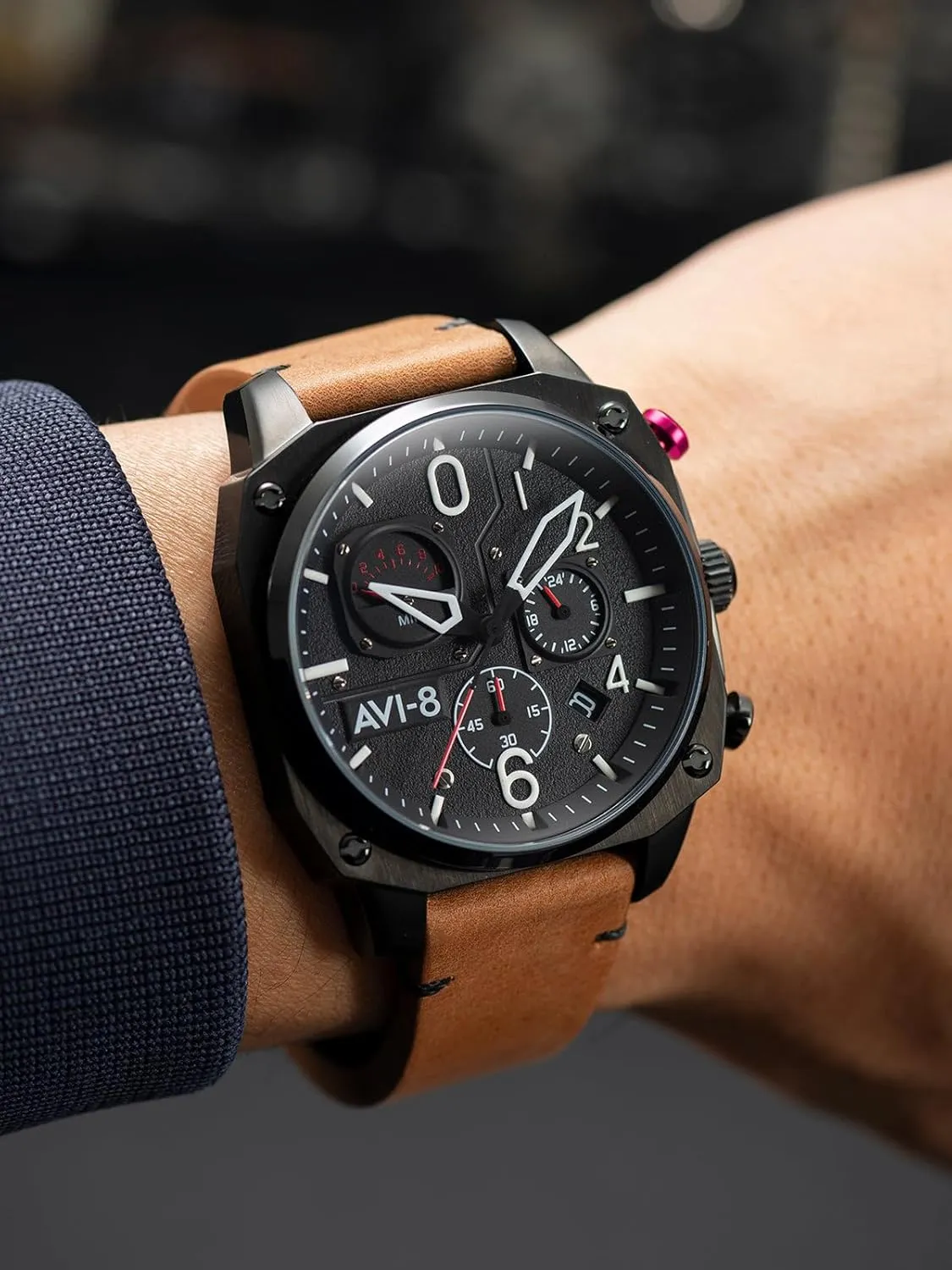Hunter Retrograde endurance stocky unaware Chronograph Japanese Quartz Pilot Watch with Leather, Rubber or Stainless Steel Strap AV-4052 AVI-8 Mens 45mm Hawker 