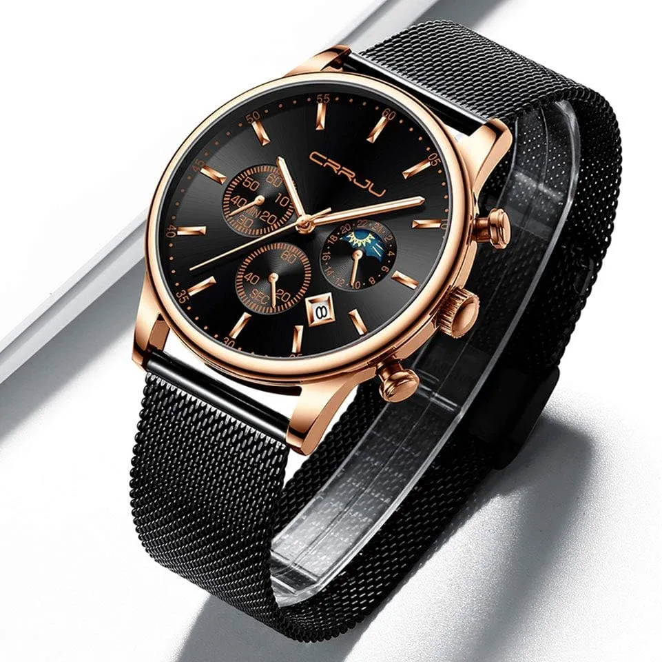 index adventure doggedly Work Watches Waterproof 30M Full Steel Quartz with Mesh Strap CRRJU Men's Fashion Casual Watches Auto Date Chronograph Watch Men Nice 