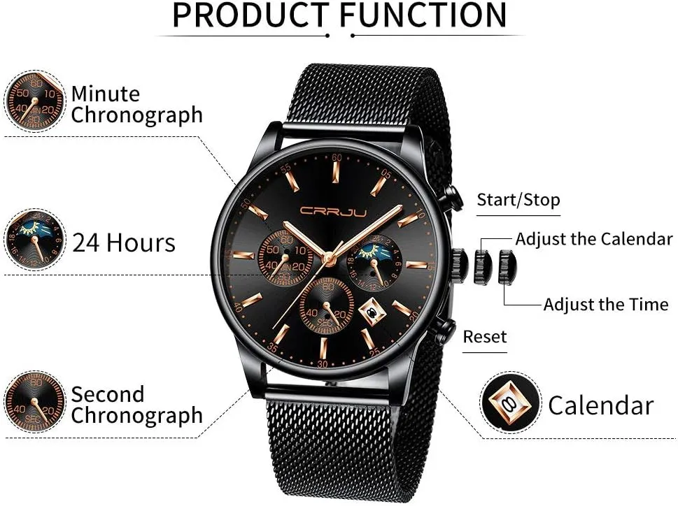 index adventure doggedly Work Watches Waterproof 30M Full Steel Quartz with Mesh Strap CRRJU Men's Fashion Casual Watches Auto Date Chronograph Watch Men Nice 
