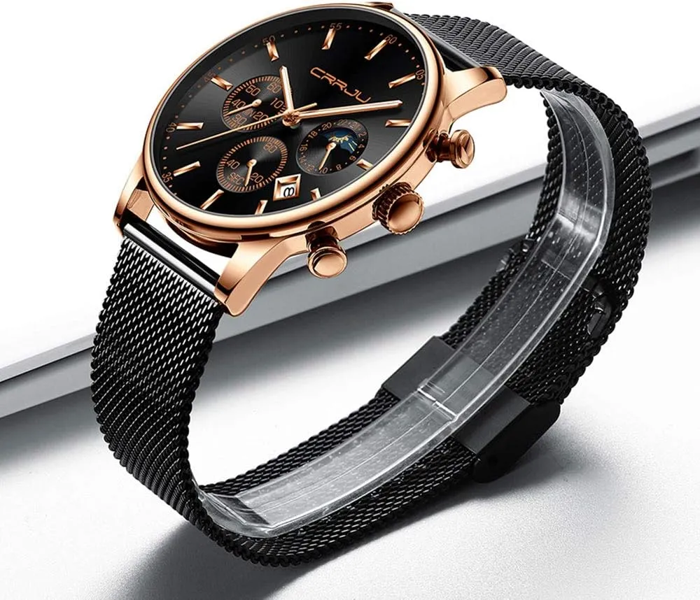 index adventure doggedly Work Watches Waterproof 30M Full Steel Quartz with Mesh Strap CRRJU Men's Fashion Casual Watches Auto Date Chronograph Watch Men Nice 
