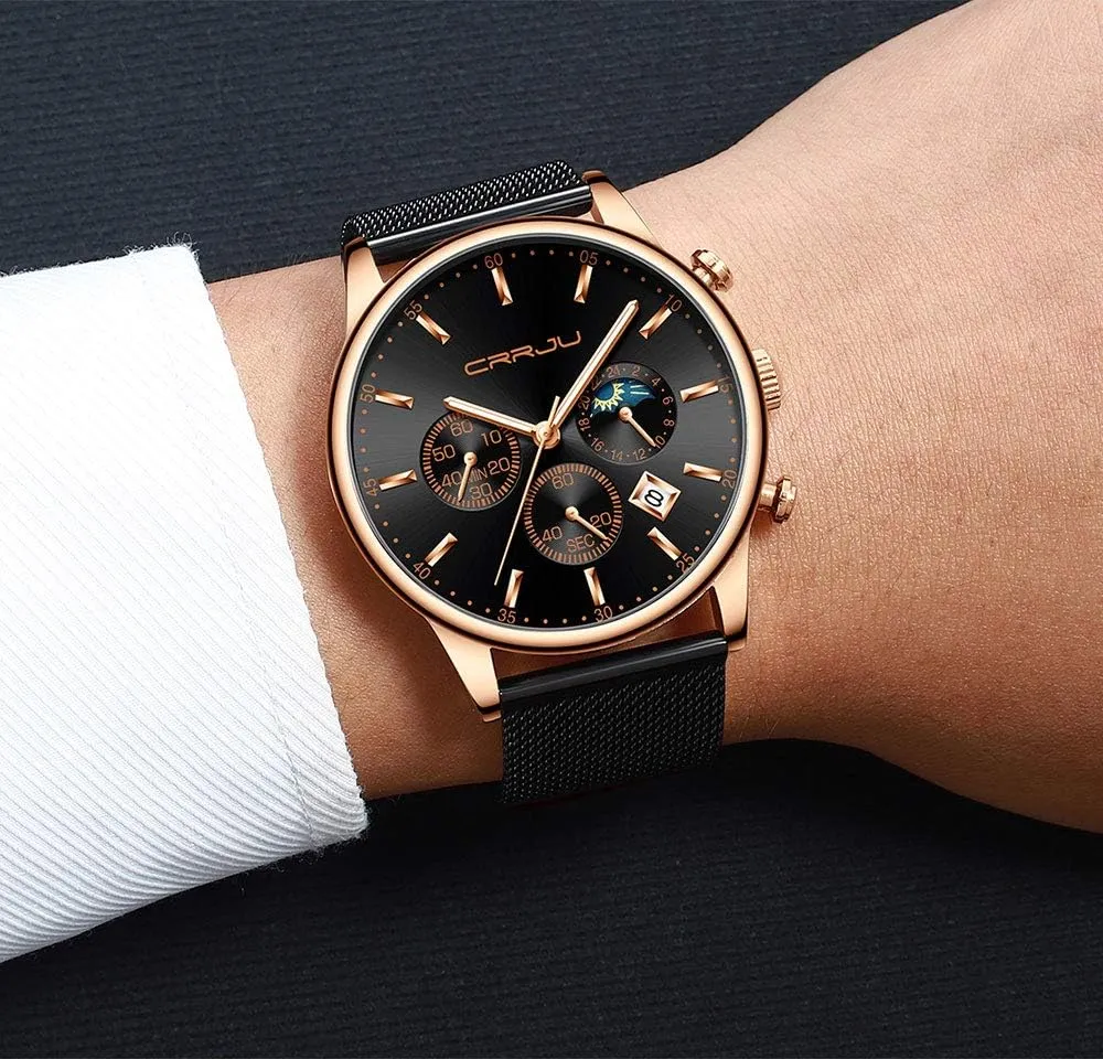 index adventure doggedly Work Watches Waterproof 30M Full Steel Quartz with Mesh Strap CRRJU Men's Fashion Casual Watches Auto Date Chronograph Watch Men Nice 