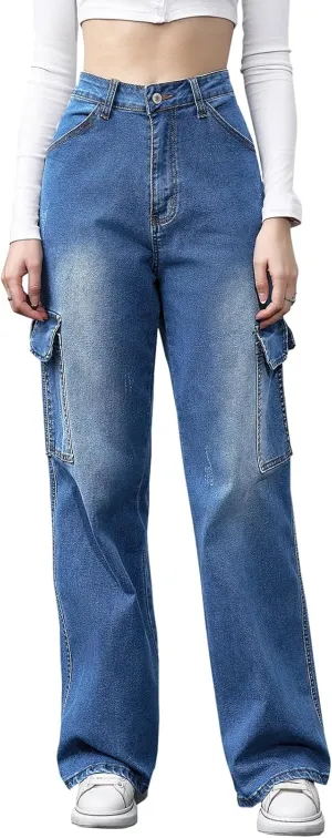 Jeans setback grid voyage Y2K Casual Loose Denim Cargo Pants Trousers(Dark Blue,XL) LONGYIDA Baggy Jeans for Women Stretchy High Waisted Straight Wide Leg Cargo 