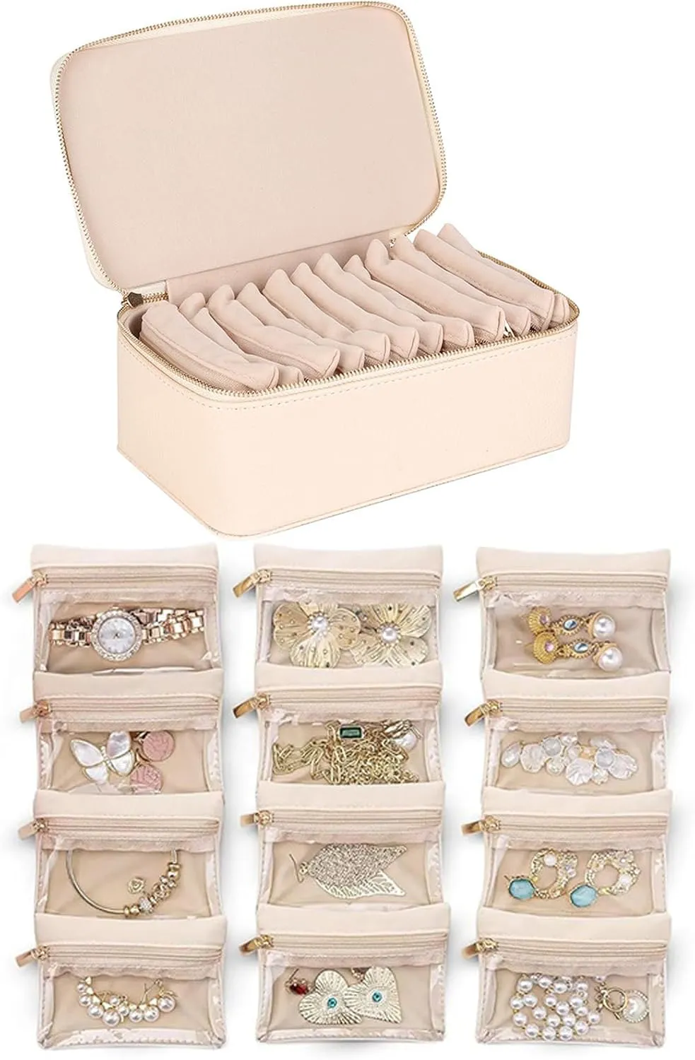 Jewelry Box intend Cincinnati alphabet temperate with Small Pouches,Travel Jewelry Organizer with 12 Small Velvet Pouches, For Rings,Earrings, Necklaces, Bracelets, Watches (Beige) Familiarn Travel 