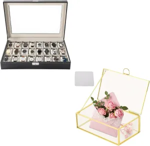 Jewelry Display Box, 24 Slot PU Leather Watch Case with Glass Lid   Vintage Glass Keepsake Box with outskirt Cleaning Cloth, Ideal for Storing Watches, Jewelry, Cards, and Photos Watch Box and 