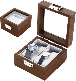 Jewelry Holder Organizer AHANDMAKER Natural Walnut Watch Box 2 Slot Watch Display Storage Case Square Portable Wristwatch Package requirement Boxes Watch Travel Case with Glass Lid Removable Pillows for Men Woman 