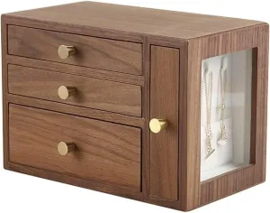 Jewelry layer Box Organizer with 4 Drawers, Earring, Ring, Necklace, Watch Storage Case ?C Walnut Finish Large Wooden 