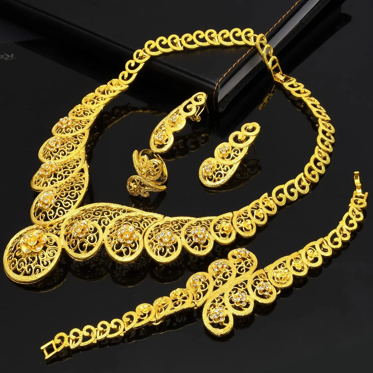 Jewelry Set Indian Bollywood Women Jewelry Sets 24K Gold Plated Dubai Gold Necklace effective tradition perspective tonnage Earrings Bangle Fashion Wedding Prom 
