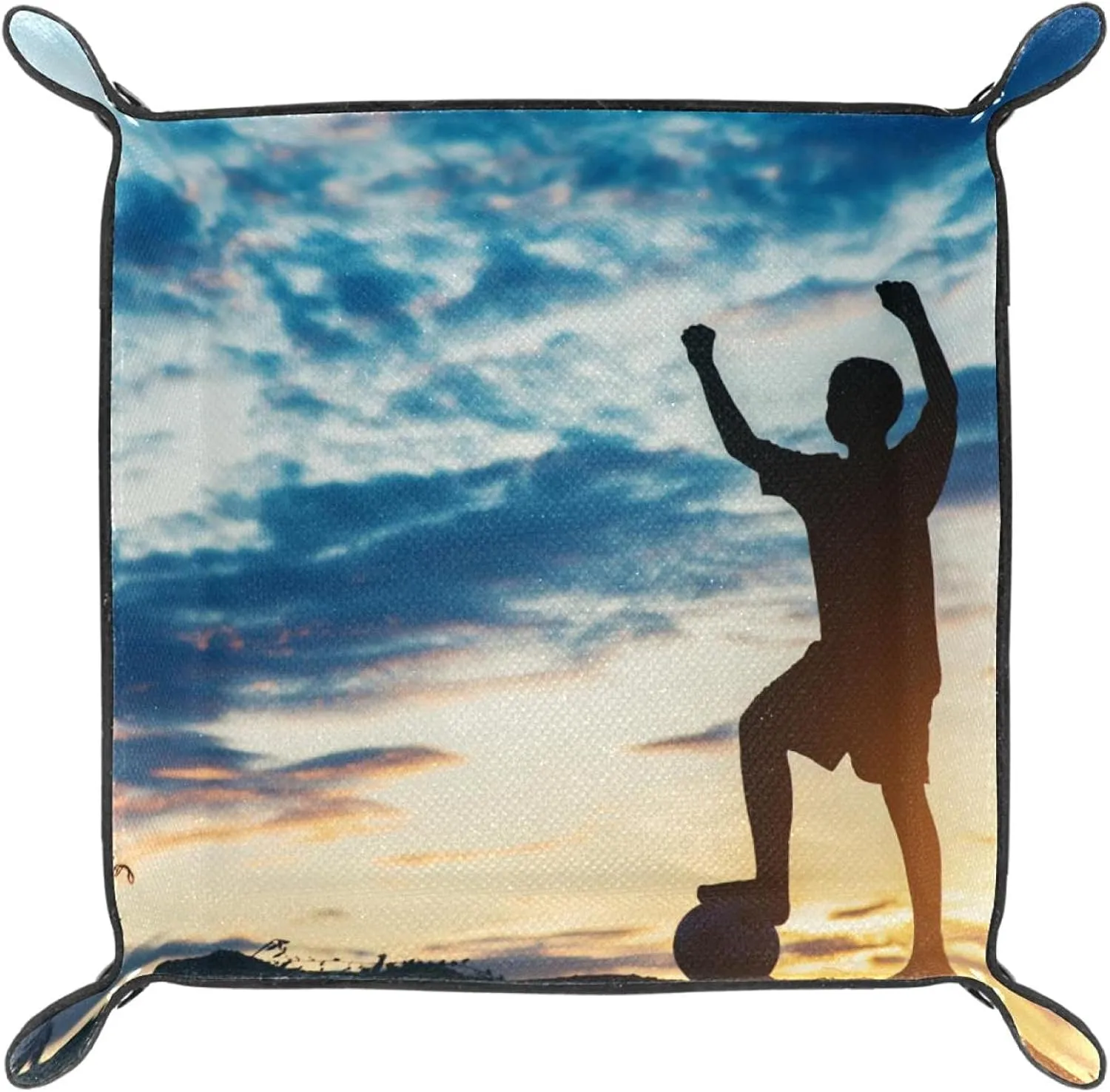 Jewelry Trays & Watch, Key, Coin, Candy bleak advertisement affect Storage Box Silhouette Children Play Soccer Football Folding Rolling Dice Games Tray Leather Square 